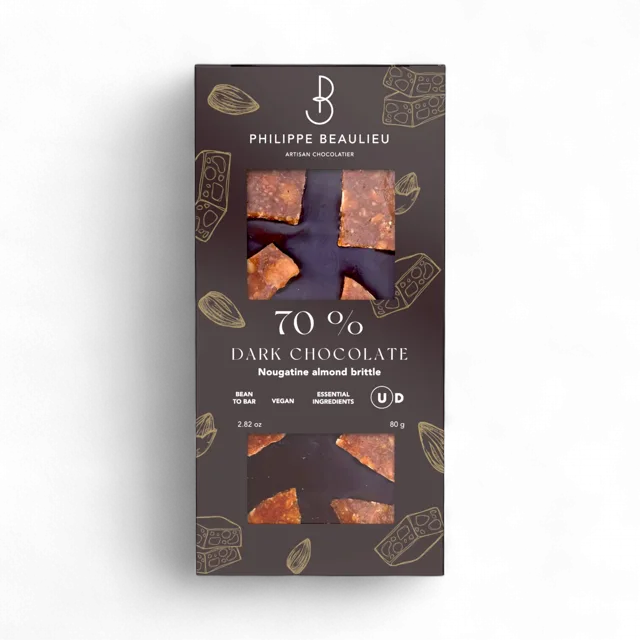 Philippe Beaulieu Artisan Chocolatier - 70% Dark Chocolate Bar Nougatine Almond Brittle