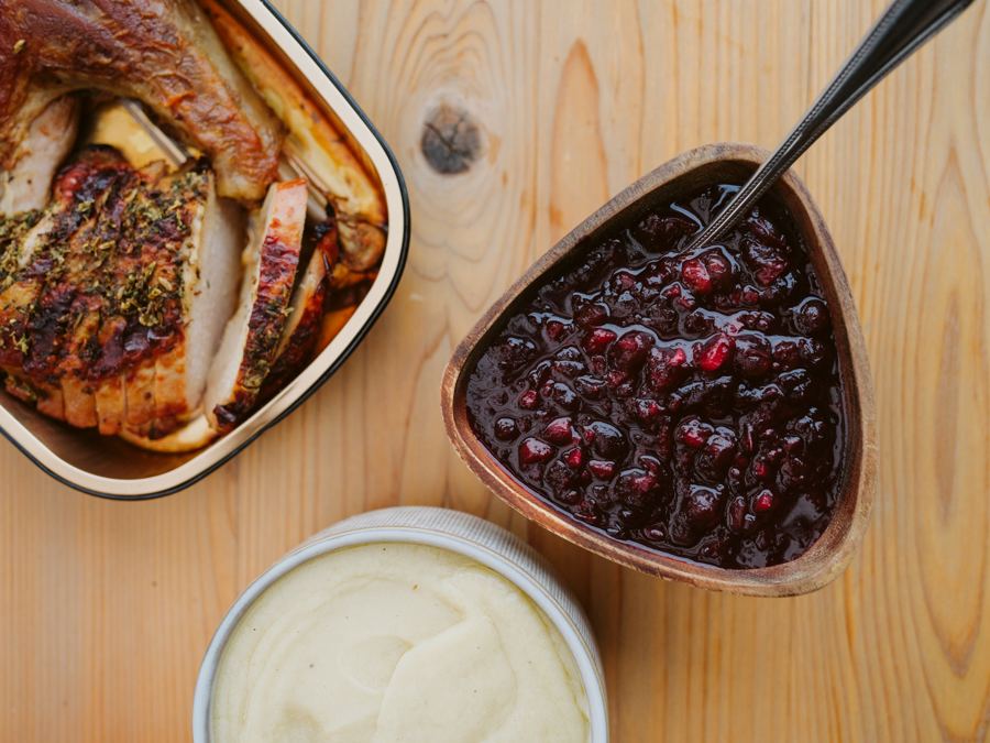 Cranberry chutney in a wooden bowl